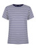 A striped navy and white ladies' t-shirt with a crew neck and short sleeves. It features a simple design and logo.