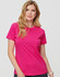 A bright pink semi-fitted T-shirt for ladies, featuring a classic crew neck and short sleeves.