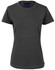 A ladies' semi-fitted tee in dark grey, featuring short sleeves and a round neckline. It has a logo on the label.