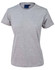 A grey ladies' cotton semi-fitted tee with a crew neckline and short sleeves, featuring a logo on the label.