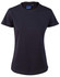 A ladies' semi-fitted tee in navy blue, featuring a round neckline and short sleeves, with a logo on the label.