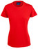 A red ladies' cotton semi-fitted tee with short sleeves and a round neckline. It features a logo.