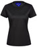 A black ladies' short-sleeve performance T-shirt with a round neckline and a branded label.