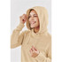 A light beige women's fleece pullover hoodie with a front pocket and a drawstring hood, featuring a logo.