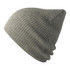 A grey ribbed beanie made from recycled polyester, featuring a logo.