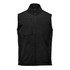 A black softshell vest with a high collar, zippered front, and multiple pockets. Features a logo on the garment.