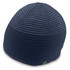 A navy striped beanie with a logo, designed for headwear.
