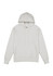 A white hoodie with a front pocket, drawstrings, and a large hood. It features a logo.