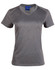 A grey short sleeve women's t-shirt with a V-neck design and decorative stitching, featuring a logo on the label.