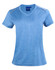 A blue short sleeve tee with a v-neck and shoulder detailing. It has a logo on the tag.