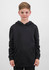 A black hoodie featuring a front pocket and a hood, modelled by a child standing against a plain background.