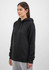 A black women's hoodie featuring a kangaroo pocket and a drawstring hood, displayed on a model.