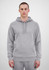 A grey men's hoodie featuring a front pocket and a drawstring hood, with a branding logo.