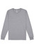A grey long sleeve t-shirt with a crew neckline and a tag inside, featuring a brand logo.
