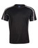A black short-sleeve t-shirt featuring mesh panels and contrasting grey accents, with a label inside.