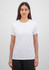 A white short sleeve t-shirt for women, displayed on a model against a neutral background. Features a logo.