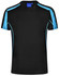 A black short-sleeve T-shirt with blue accents and a logo on the neckline.