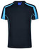 A black short-sleeved T-shirt with blue accents and a logo on the label. Suitable for kids.