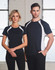 A pair of models wearing a black and white men's premier tee shirt. The shirt features contrasting side panels and a logo.