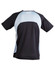 A black and light blue men's t-shirt with a sporty design and a logo on the front.