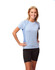 A light blue ladies' t-shirt with short sleeves, featuring side panels, worn by a smiling model.
