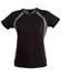 A black ladies' T-shirt with mesh detailing on the sides, featuring a logo on the neckline.