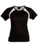 A black and white ladies' t-shirt featuring short sleeves and a sporty design, with a logo on the upper part.