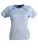 A light blue ladies' tee shirt with mesh side panels and a logo on the label.