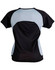 A black and light blue ladies' tee shirt featuring a stylish design and mesh detailing on the back.
