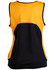 A women's singlet featuring a yellow front and black back, with a mesh design and a logo.