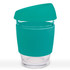 A reusable coffee cup with a transparent glass body and a teal silicone lid and grip.