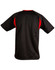 A black adults' soccer jersey with red accents and a logo on the back.