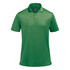 A green men's polo shirt featuring a collar and a logo on the chest area.