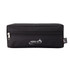 A black, rectangular zippered pouch with a branded logo on the front.