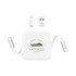 A white portable charging device with a logo, featuring USB-C and Lightning connectors. Includes a USB adapter.