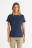 A navy blue ladies' t-shirt with a classic fit, displayed on a model. The shirt has short sleeves and a round neck.