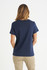 A navy blue ladies t-shirt seen from the back, featuring short sleeves and a casual fit.