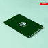 A green A5 notebook with a logo on the cover, featuring a band closure and a plain interior.
