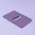 A purple A5 notebook with a logo on the cover, featuring a matching elastic band closure.