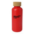 A drink bottle in vibrant red with a cork lid and a logo on the side.