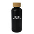 A drink bottle in black with a cork lid and a logo on the front, designed for holding 650ml of liquid.