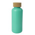 A drink bottle in a turquoise hue with a natural cork lid. It features a smooth, modern design and has a logo.