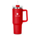 A drink bottle in vibrant red with a stainless steel lid and a handle, featuring a logo.