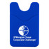 A blue phone wallet with a textured finish and a logo on the front.
