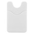 A white Smart Wallet designed to hold cards and attach to a phone, featuring a textured back and a cut-out section.