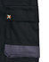 A pair of black unisex cargo shorts features multiple pockets and a grey band, with a logo on the side.