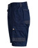 Navy unisex utility stretch cargo work shorts with multiple pockets and an elastic waistband, featuring a logo.