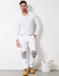 Unisex utility stretch cargo work pants in white with grey accents, featuring pockets. Model wearing a long-sleeve white shirt.
