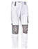 Unisex utility stretch cargo work pants in white with grey accents and cargo pockets. Features a logo on the waistband.