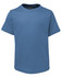 A blue children's T-shirt with short sleeves and a round neckline, featuring a logo inside the collar.